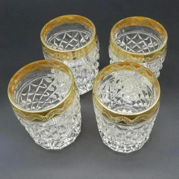 Diamond Point Clear Glasse with Wide Gold Band Old Fashioned Glass Whiskey Glass - Picture 2 of 7